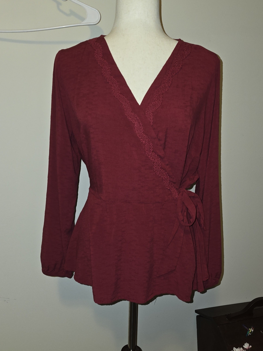 Maurices Burgundy Wrap Peplum Top with Lace Trim Sz L